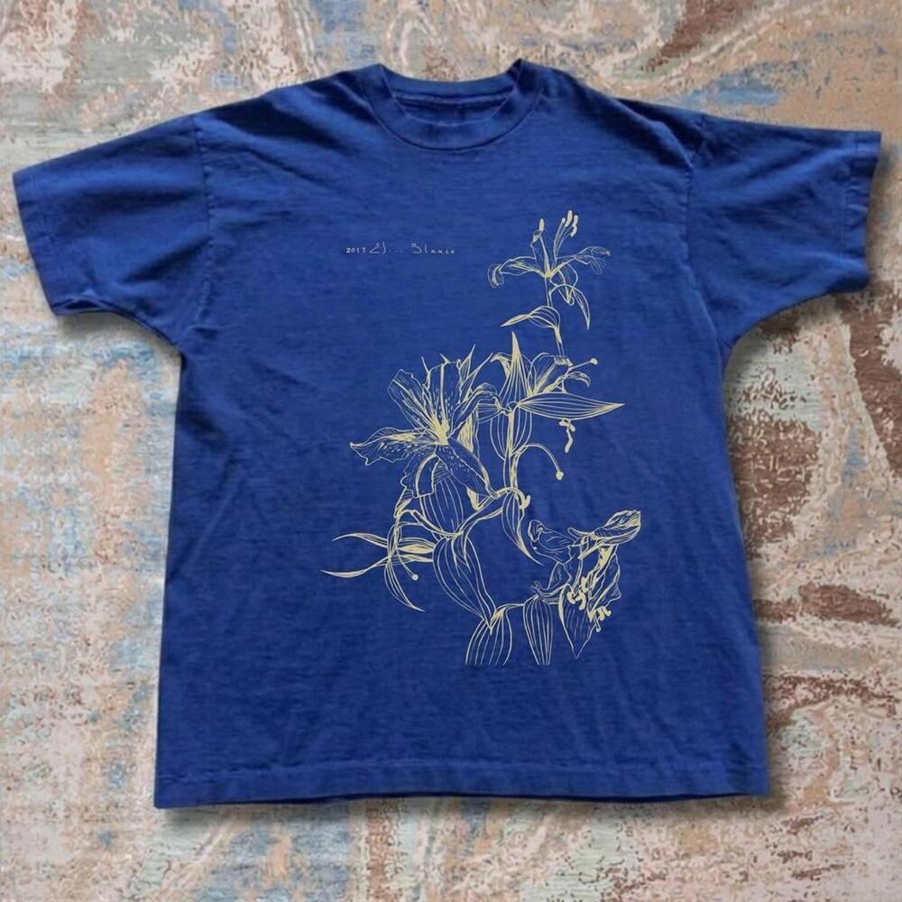 Blue Floral Graphic Tee With Yellow Accents